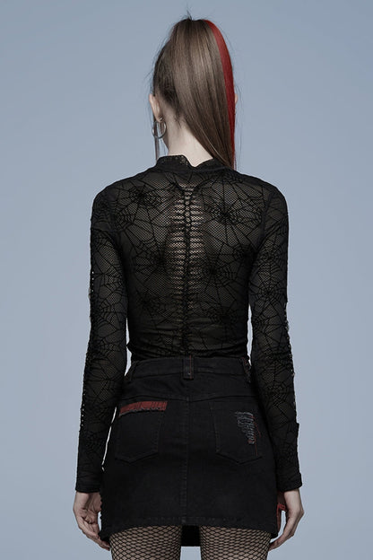 Black Long Sleeves Spider Web Print Hollow Mesh Women's Punk T-Shirt