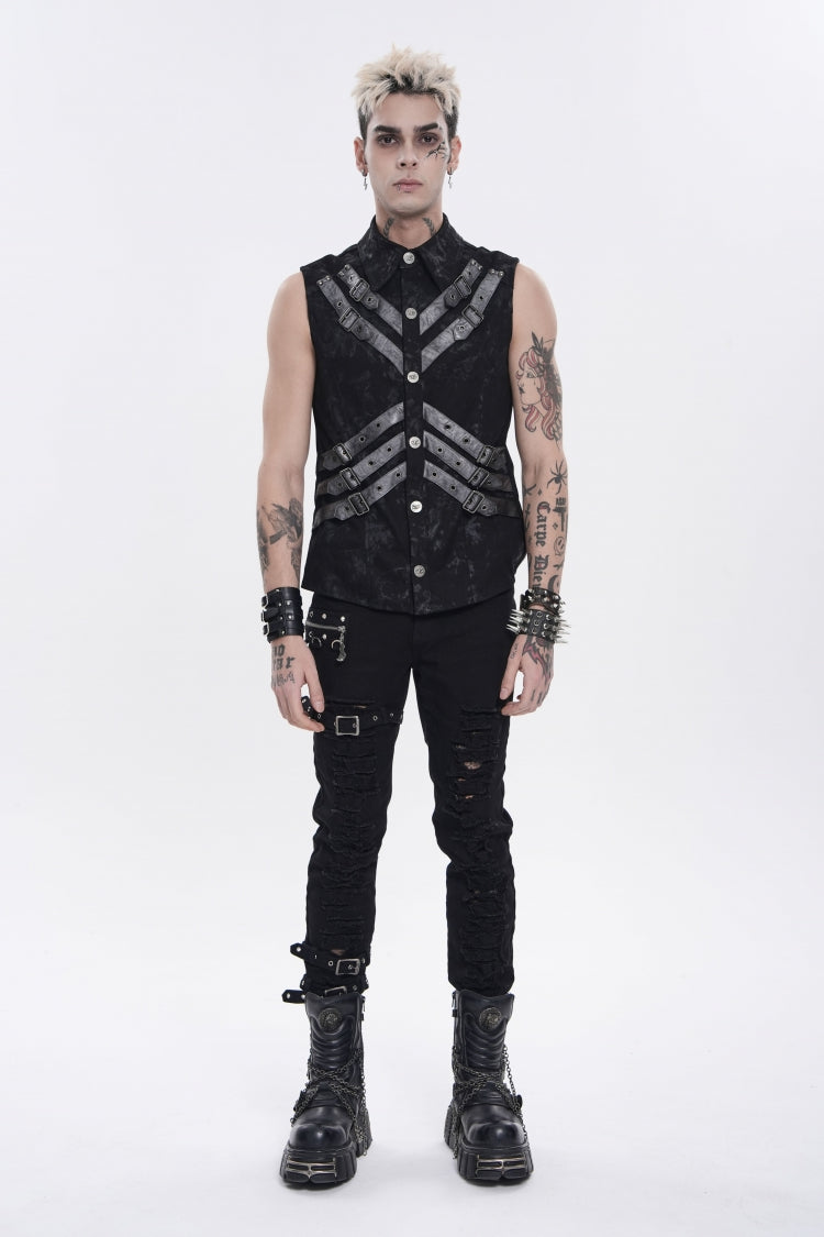 Black Lapel Collar Sleeveless Multi-Layered Printed Tie-dyed Buckled Men's Punk Shirt