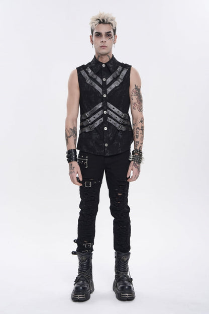 Black Lapel Collar Sleeveless Multi-Layered Printed Tie-dyed Buckled Men's Punk Shirt