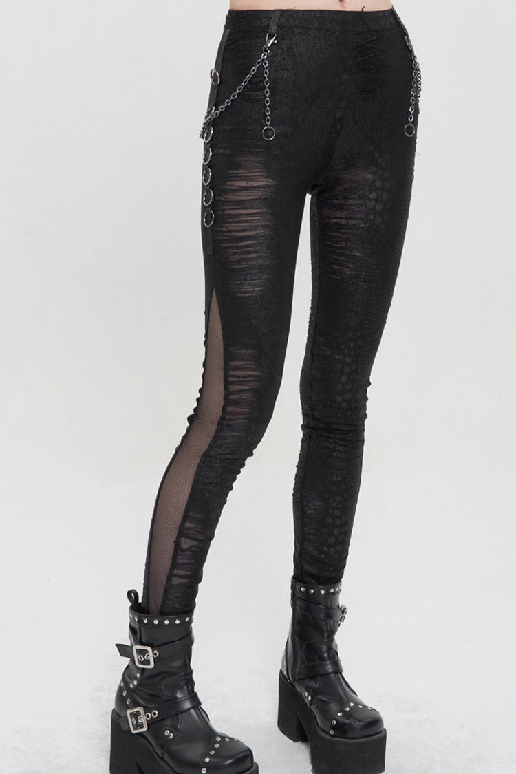 Black Knitted Fabric Detachable Chain Trim Irregular Semi-Perspective Knit Women's Punk Pants