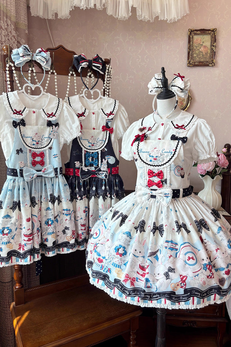 Beige [Mystery Rabbit Tea Party] Sleeveless Print Bowknot Lace Sweet Lolita Strap Dress