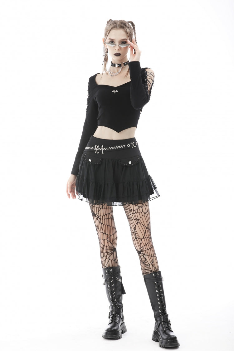 Black Long Sleeves Irregular Strappy Bat Women's Punk Crop Top