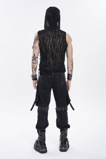 Black Hooded Sheer Asymmetric Chain-Decorated Men's Punk Hooded Vest