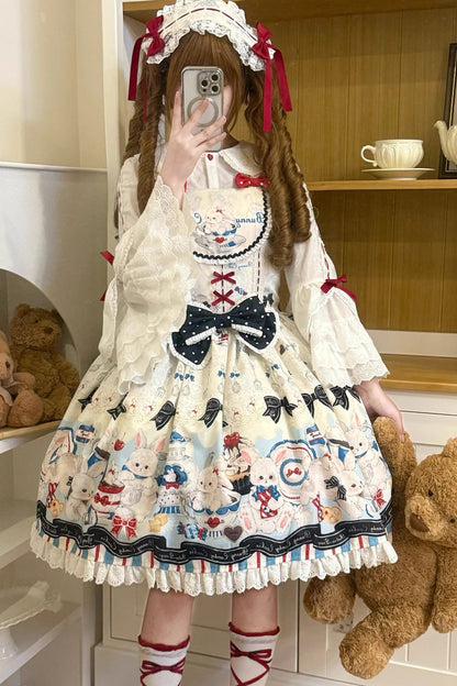 Beige [Mystery Rabbit Tea Party] Sleeveless Print Ruffle Bowknot Lace Sweet Lolita Jsk Dress