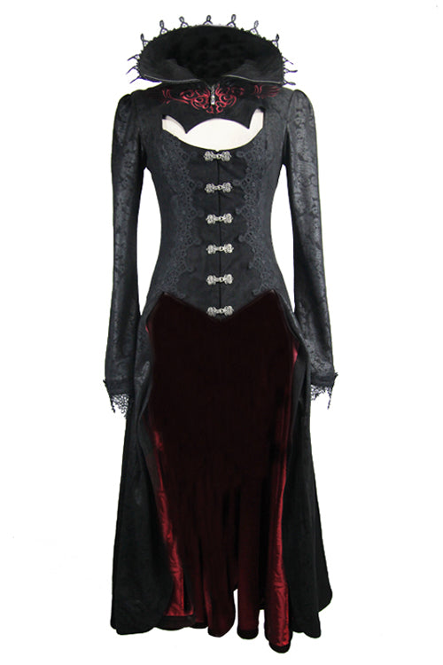 Black And Red Floral High Collar Embroidered Womens Gothic Coat