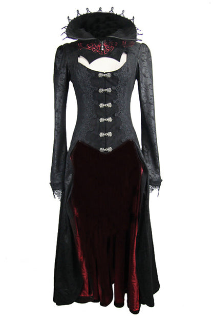 Black And Red Floral High Collar Embroidered Womens Gothic Coat