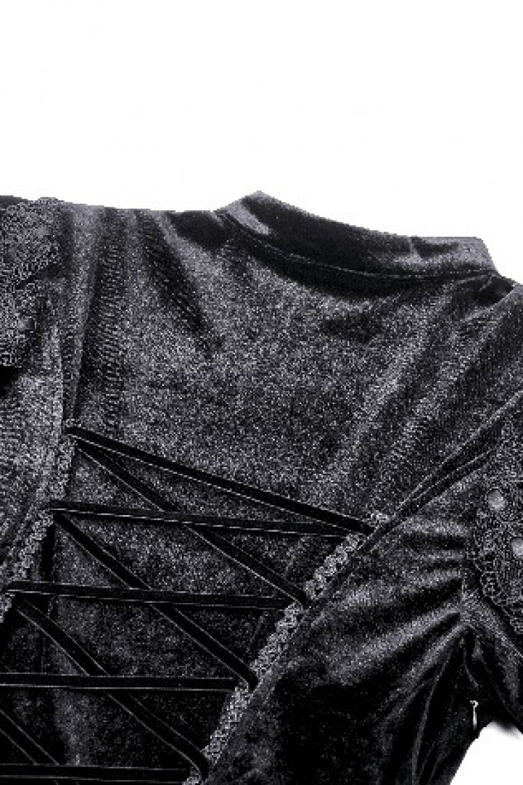 Black Long Puff Sleeves Cut-Out Lace Spliced Velvet Lace-Up Women's Gothic Princess Evening Dress