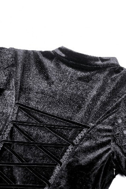 Black Long Puff Sleeves Cut-Out Lace Spliced Velvet Lace-Up Women's Gothic Princess Evening Dress