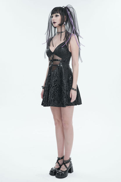 Black Pentagram Embossed Panel Mesh Rope Cutout Women's Gothic Dress