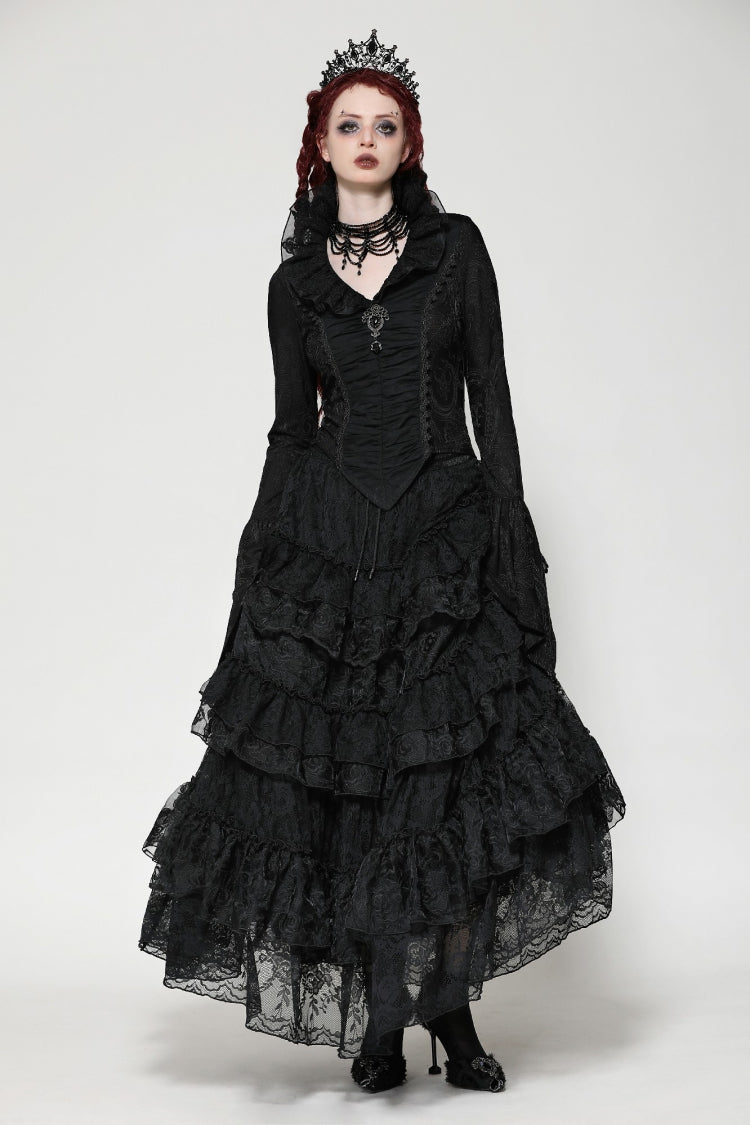 Black Lace Ruffled V Stand Collar Long Flared Sleeves Jacquard Women's Gothic Blouse