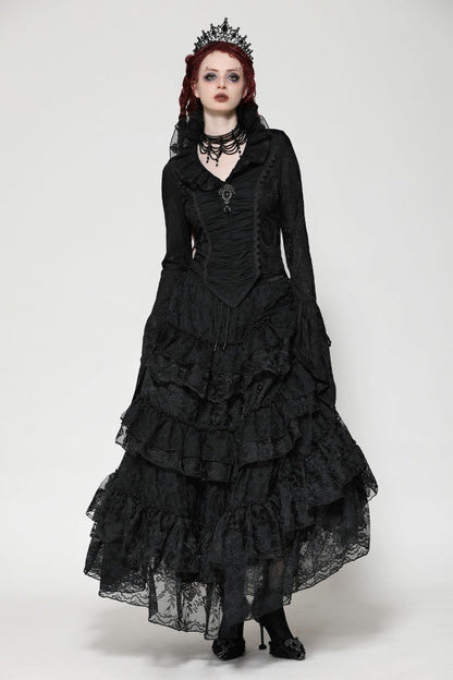 Black Lace Ruffled V Stand Collar Long Flared Sleeves Jacquard Women's Gothic Blouse