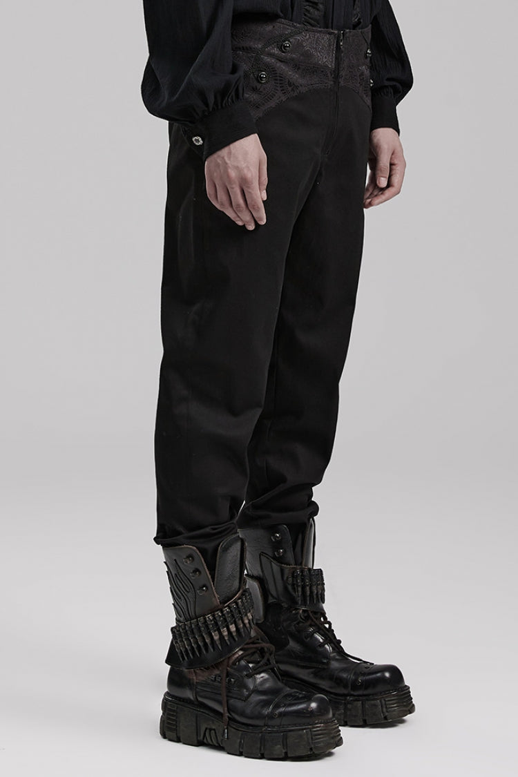 Black Leather Stitching Slim Front Zipper Men's Gothic Pants
