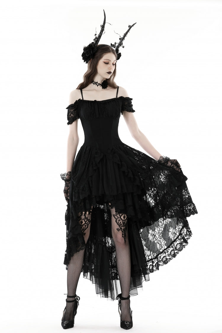 Black Boat Neck Off Shoulder Short Puff Sleeves Ruffled Lace Lace-Up Irregular Women's Gothic Dovetail Dress