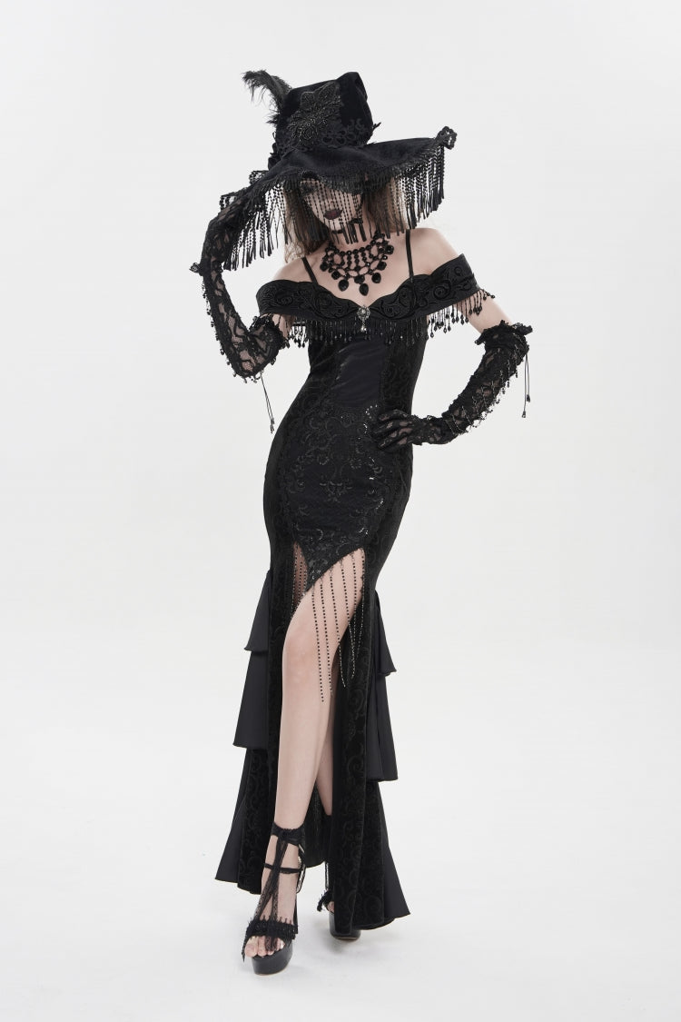 Black Off Shoulder Sleeveless Embroidered Lace Slim Women's Gothic Gorgeous Strapless Dress