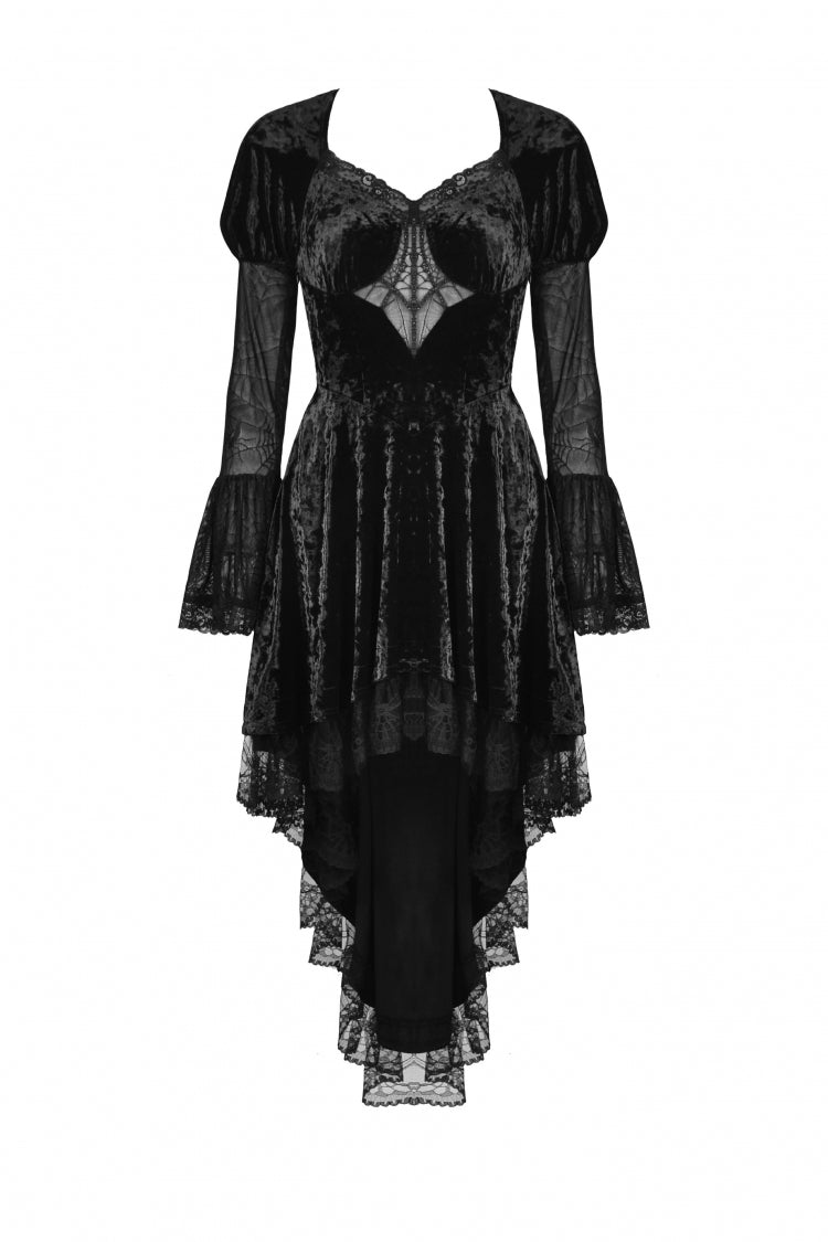 Black Long Puff Sleeves High Low Irregular Multi-Layered Lace Women's Gothic Velvet Dress