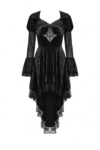 Black Long Puff Sleeves High Low Irregular Multi-Layered Lace Women's Gothic Velvet Dress