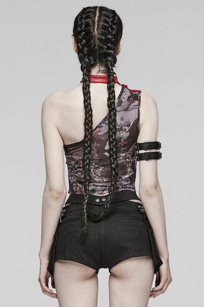 Asymmetrical Off Shoulder Sleeveless Print Womens Steampunk Halter Vest 2 Colors