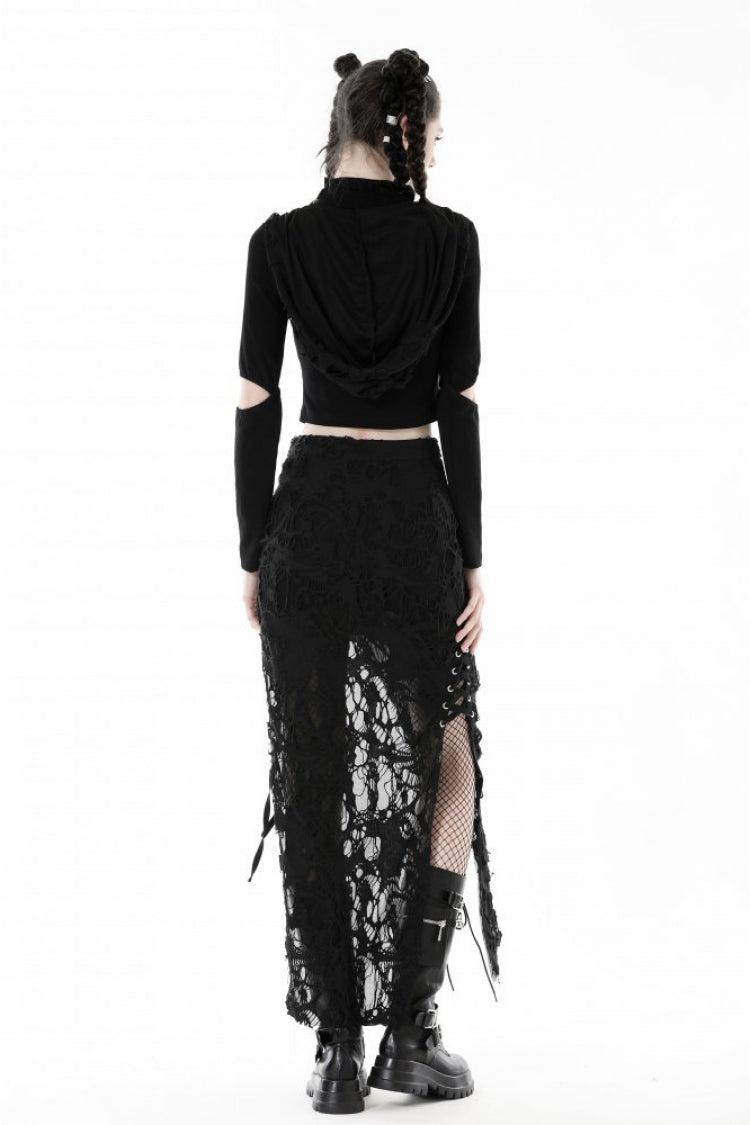 Black Metal Cross Eyelet Long Sleeves Cut-Out Women's Punk Crop Top with Ripped Hood