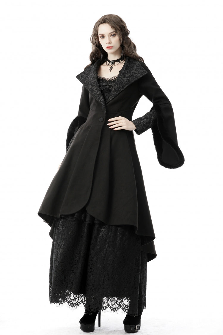 Black Lapel Collar Long Sleeves Women's Gothic High Low Woolen Dovetail Coat with Hood