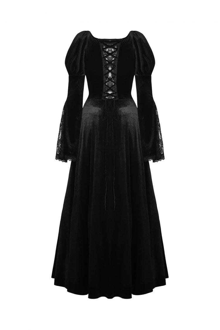 Black Long Puff Sleeves Spliced Lace Lace-Up Women's Gothic Vintage Velvet Wedding Dress
