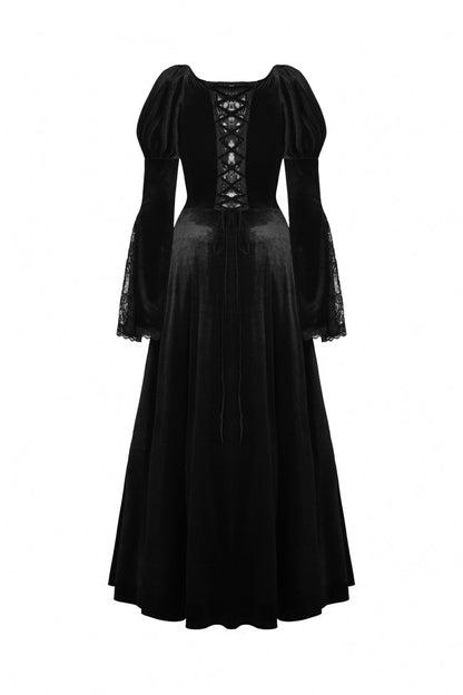 Black Long Puff Sleeves Spliced Lace Lace-Up Women's Gothic Vintage Velvet Wedding Dress