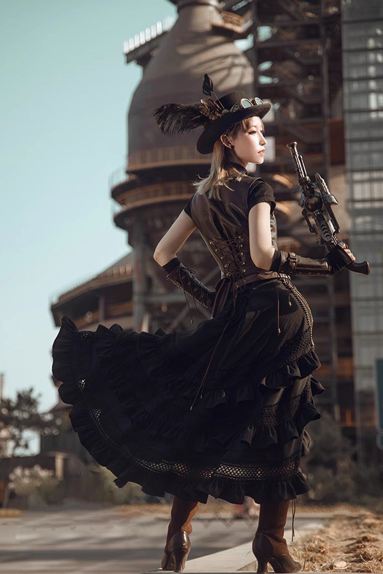 Black Multi-layer Ruffle Hollow Tassel Drawstring Gothic Punk Long Skirt