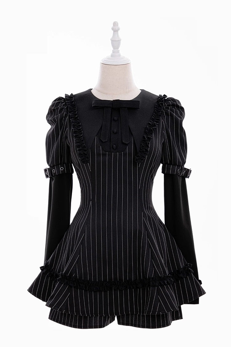 Black Long Sleeves Vertical Stripe Print Ruffle Bowknot Jirai Kei Japanese Witch Set