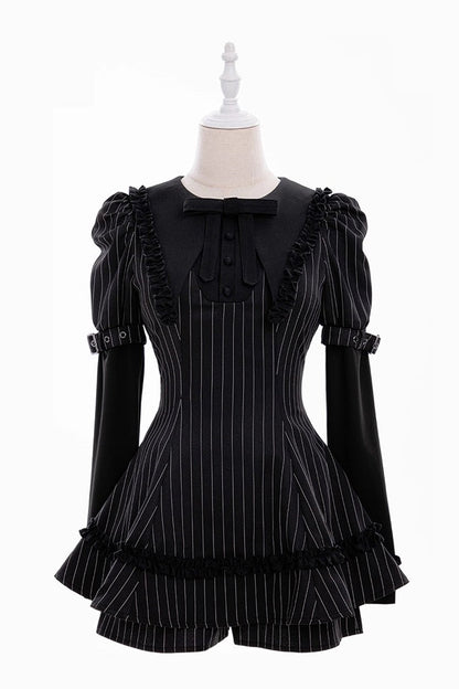 Black Long Sleeves Vertical Stripe Print Ruffle Bowknot Jirai Kei Japanese Witch Set