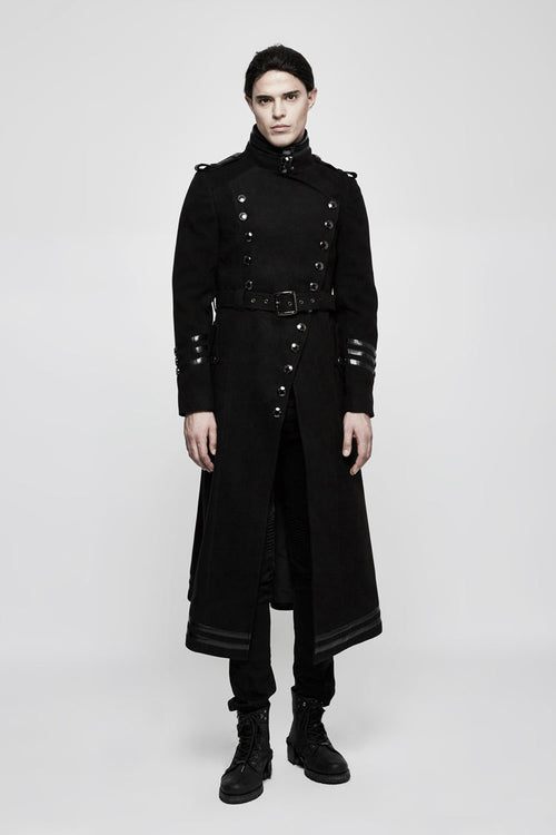 Black Military Uniform Double Breasted Men's Long Gothic Coat With Belt