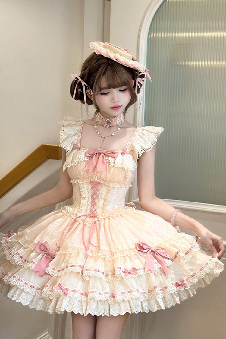Apricot [Flory Butterfly] Double-Layered Ruffle Bowknot Lace Lace-Up Sweet Ballet Lolita Jsk Dress