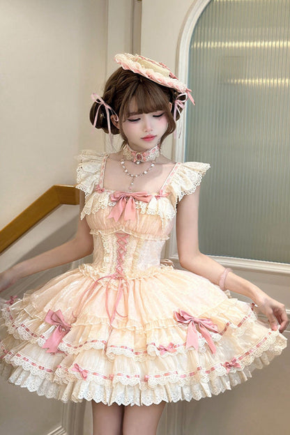 Apricot [Flory Butterfly] Double-Layered Ruffle Bowknot Lace Lace-Up Sweet Ballet Lolita Jsk Dress