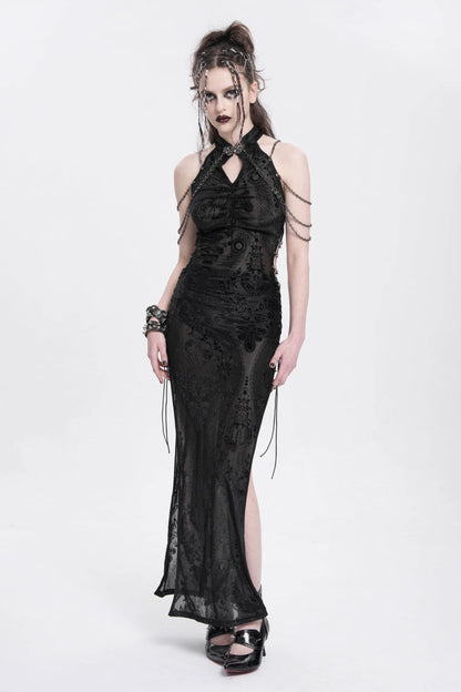 Black Halterneck Sleeveless Cheongsam Collar Side Slit Embroidery Women's Gothic Dress