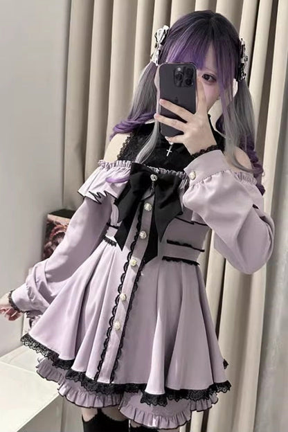 Black Long Sleeves Ruffle Stitching Lace Jirai Kei Japanese Strapless Dress Set