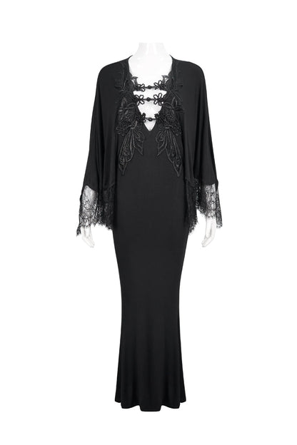 Black Deep V Neck Bat Sleeve Chest Appliqu Lace Bead Buckle Connection Small Fishtail Long Women's Gothic Dress