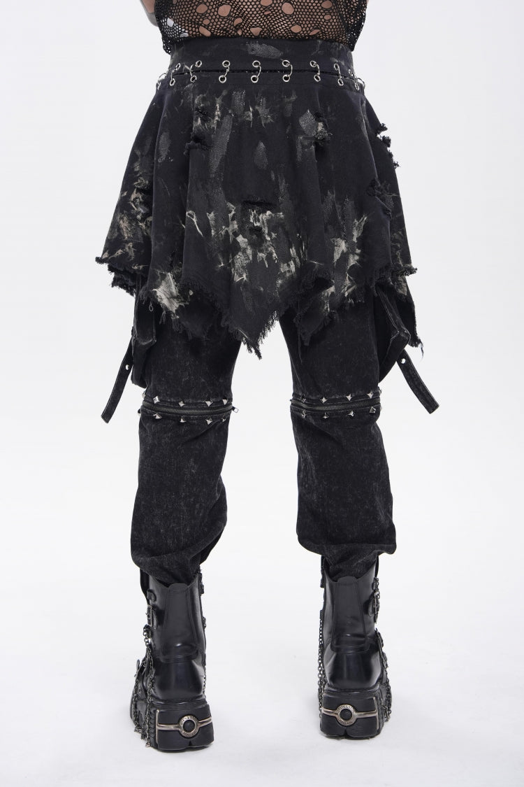 Black Irregular Ripped Buckled Pleated Chain-Decorated Men's Punk Skirt