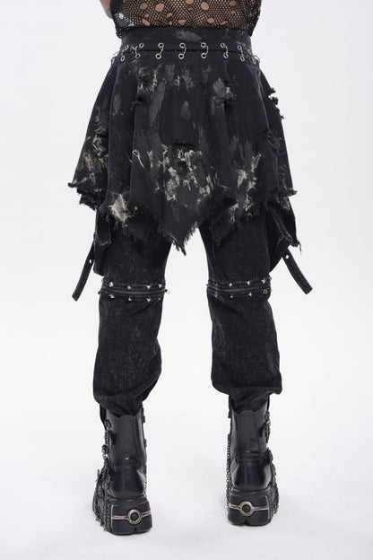Black Irregular Ripped Buckled Pleated Chain-Decorated Men's Punk Skirt