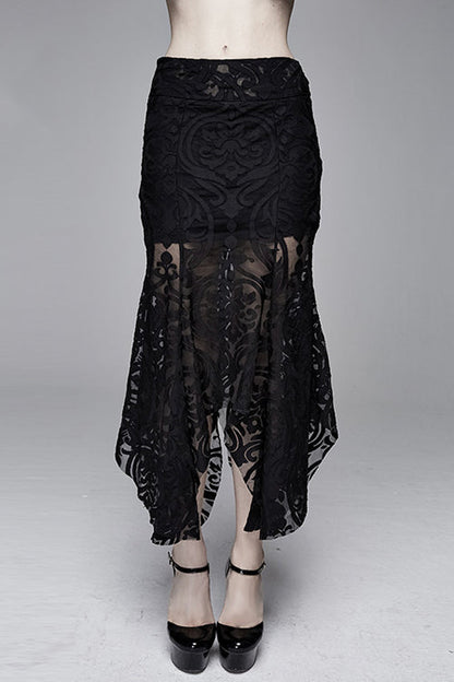 Black Irregular Hem Court Flocking Printed Mesh Sexy Package Hip Fishtail Gothic Skirt