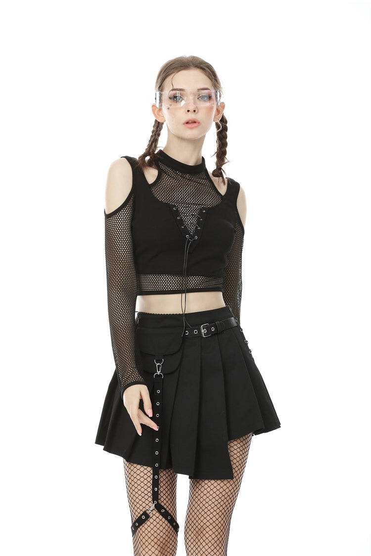 Black Off Shoulder Long Sleeves Lace-Up Chest Straps Sheer Mesh Women's Punk Top