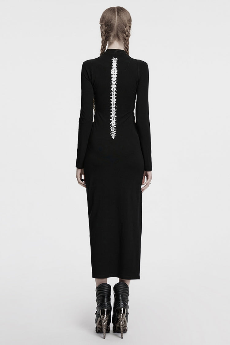 Black Long Sleeves Skeleton Print Cutout Hollow Women's Gothic Dress