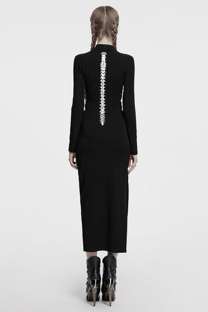 Black Long Sleeves Skeleton Print Cutout Hollow Women's Gothic Dress