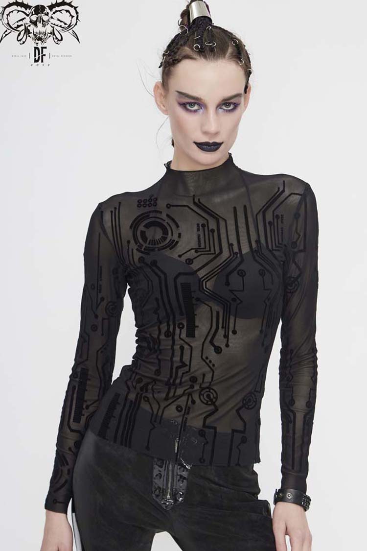 Black Long Sleeve The Printed Flocking Mesh Rough Selvedge Women's Punk Shirt