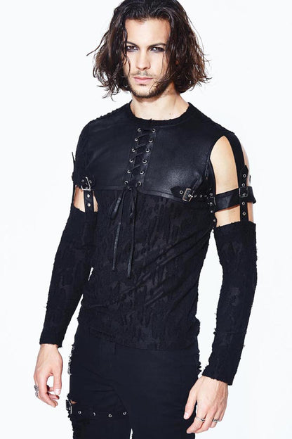 Black Leather Loop Sleeve Irregular Jacquard Knitted Chest Lace Up Removable Men's Punk Shirt