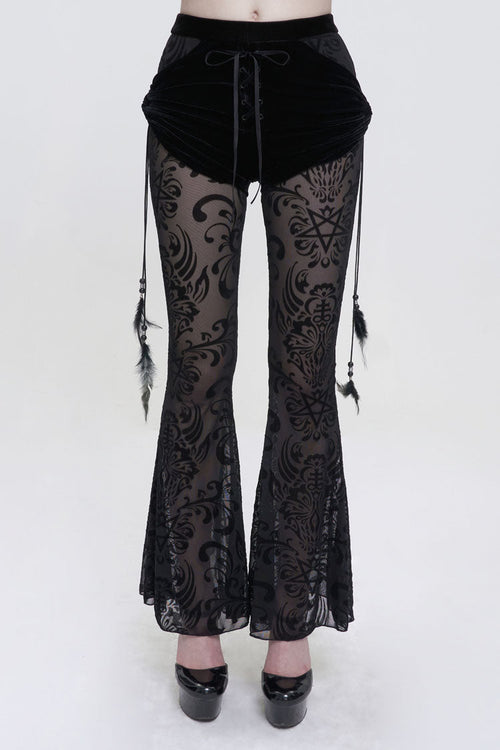 Black Flocking Mesh Side Hanging Feather Pendant Fake Two-Piece Long Women's Gothic Flared Pants