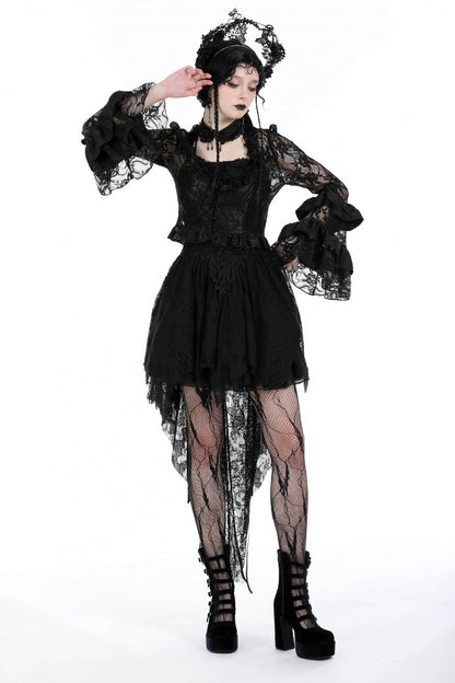 Black Multi-Layered Long Trumpet Sleeves Lace Lace-Up Women's Gothic Top