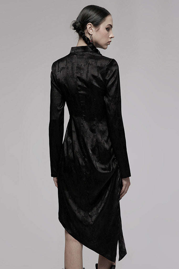 Black Jacquard Cotton Fabric Improved Cheongsam Pointed Hem Drawstring Design Cheongsam Collar Long Sleeve Long Women's Punk Dress