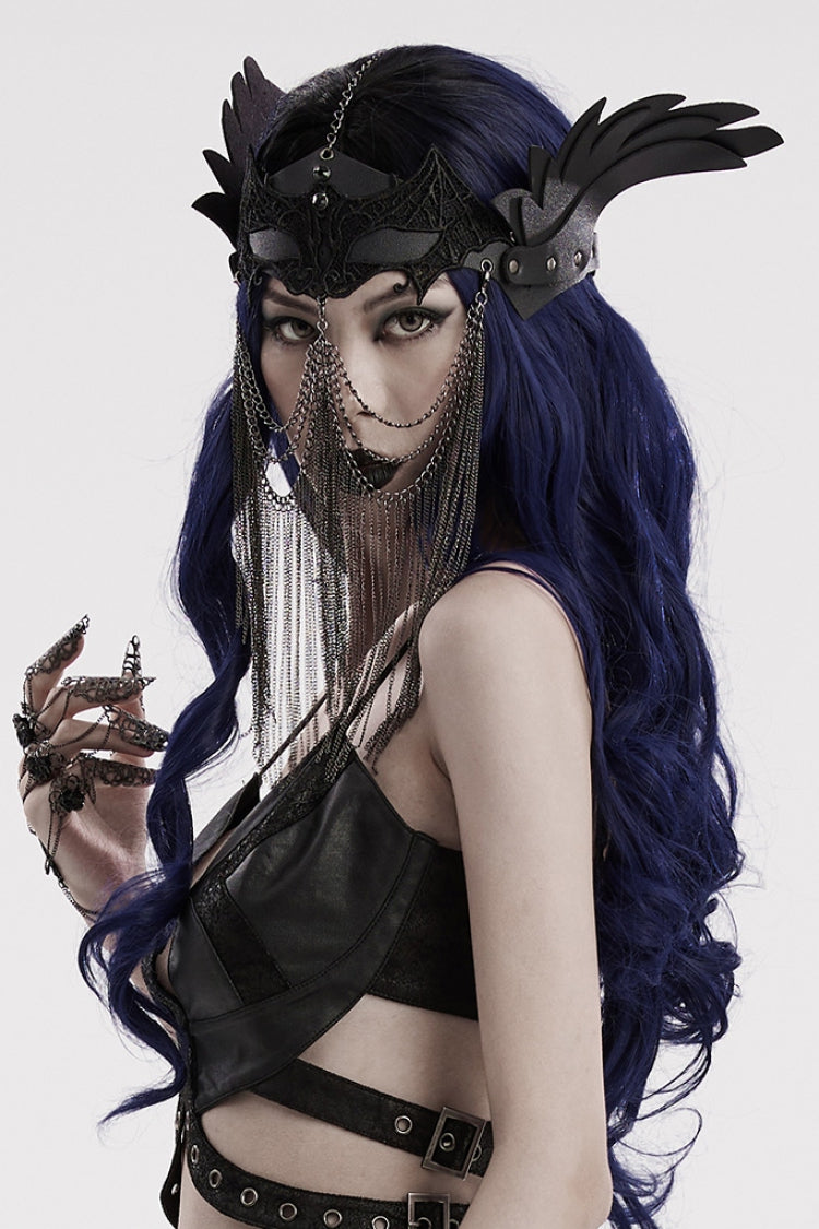 Black Artificial Leather Stitching Bat Shaped Lace Tassel Women's Steampunk Chain Mask