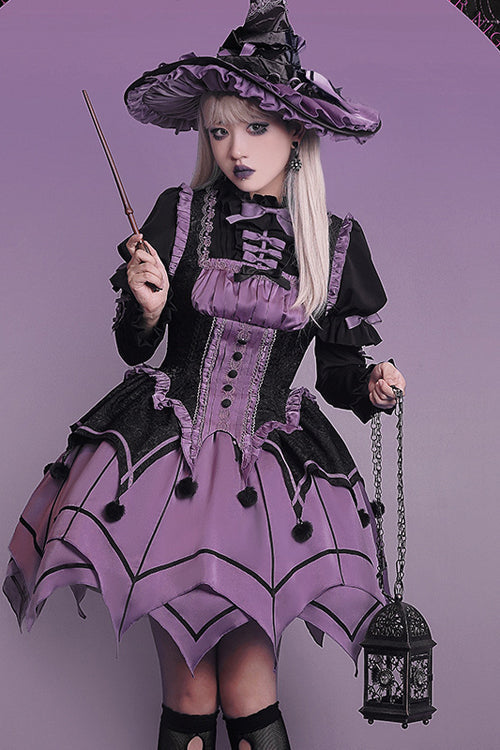Black / Purple Round Collar Ruffled Long Sleeves Waist Irregular Hem Imp Sweet Lolita OP Dress Full Set