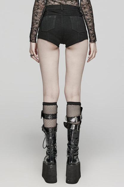 Black Faux Leather Stitching Mesh Eyelet Women's Punk Ring Shorts