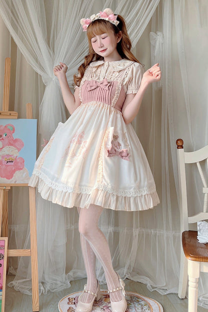 Beige Ruffled Bow Cute Bear Print High Waisted Sweet Lolita JSK Dress