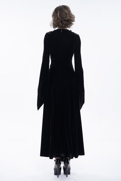 Black Embroidered Fringe Flared Sleeve Women's Gothic Dress